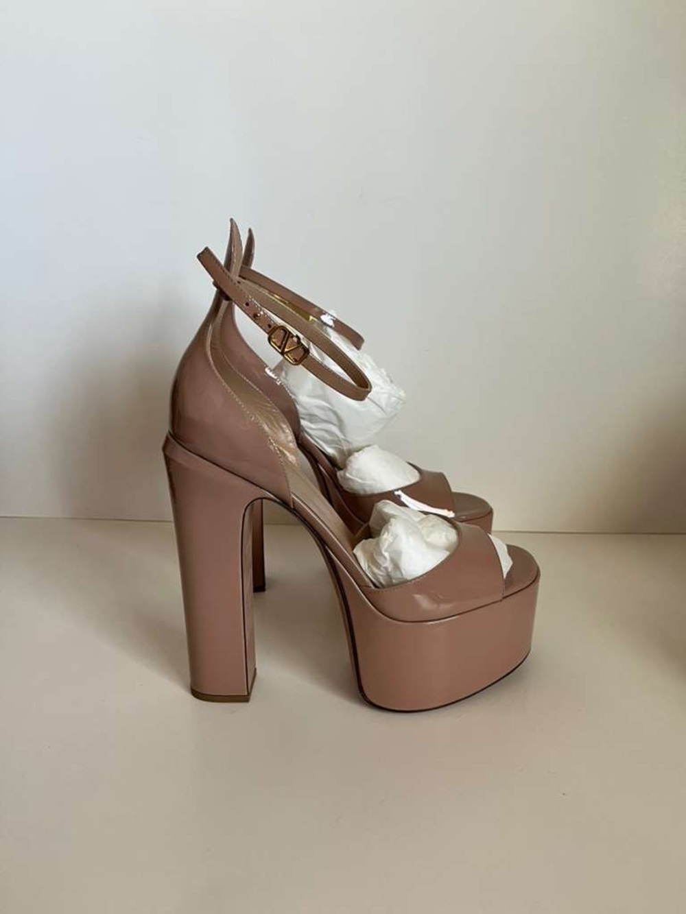 Valentino Garavani Nude Patent Platform Sandal with Ankle Strap
